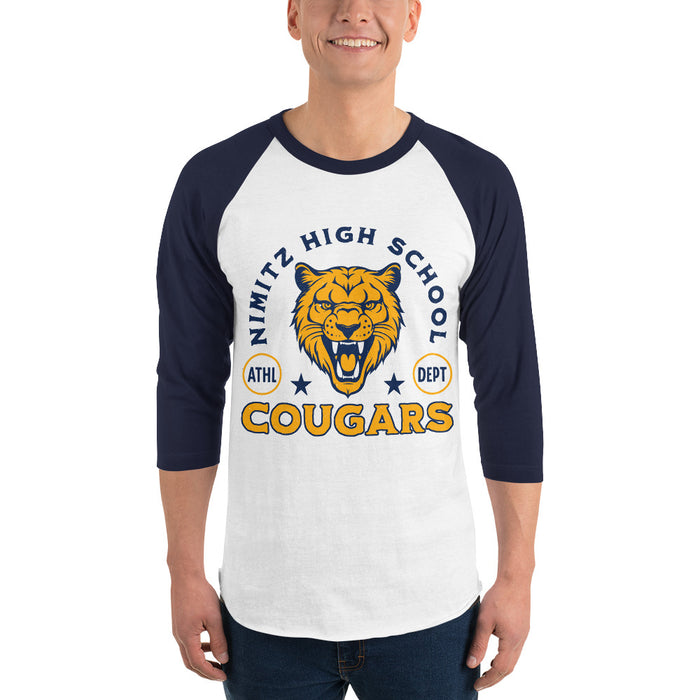 Man wearing Nimitz High School Cougars Unisex 3/4 Sleeve Raglan T-shirt 208