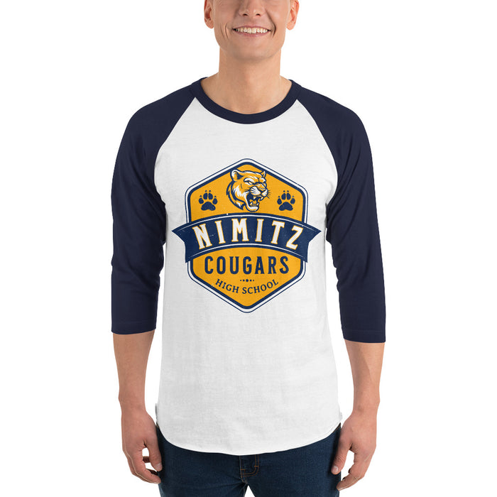 Man wearing Nimitz High School Cougars Unisex 3/4 Sleeve Raglan T-shirt 209