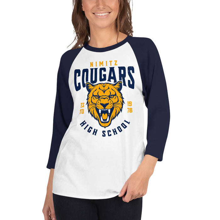 Woman wearing Nimitz High School Cougars Unisex 3/4 Sleeve Raglan T-shirt 213