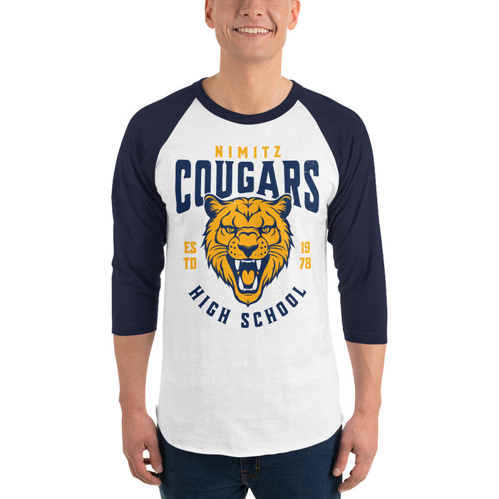 Man wearing Nimitz High School Cougars Unisex 3/4 Sleeve Raglan T-shirt 213