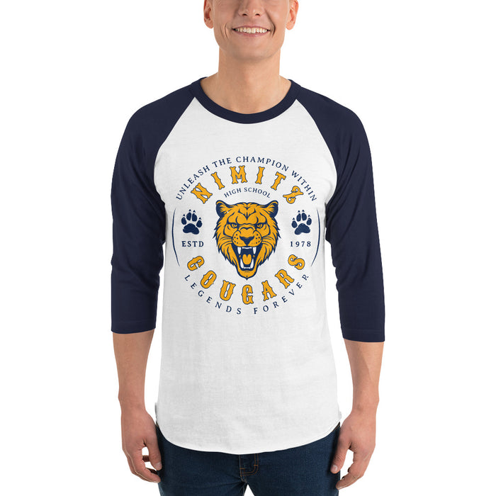 Man wearing Nimitz High School Cougars Unisex 3/4 Sleeve Raglan T-shirt 214