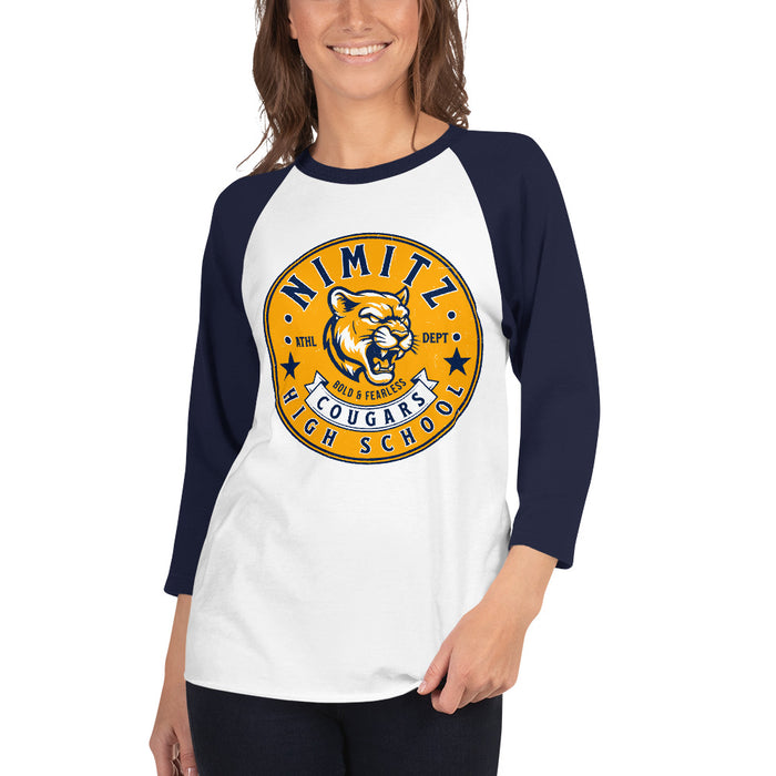 Woman wearing Nimitz High School Cougars Unisex 3/4 Sleeve Raglan T-shirt 215