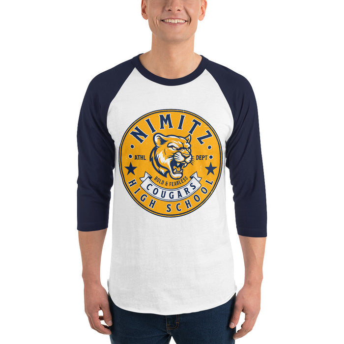 Man wearing Nimitz High School Cougars Unisex 3/4 Sleeve Raglan T-shirt 215