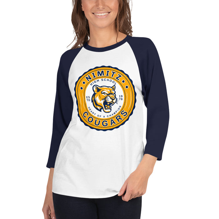 Woman wearing Nimitz High School Cougars Unisex 3/4 Sleeve Raglan T-shirt 216