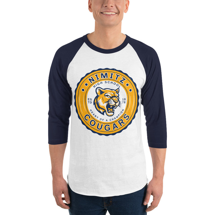 Man wearing Nimitz High School Cougars Unisex 3/4 Sleeve Raglan T-shirt 216