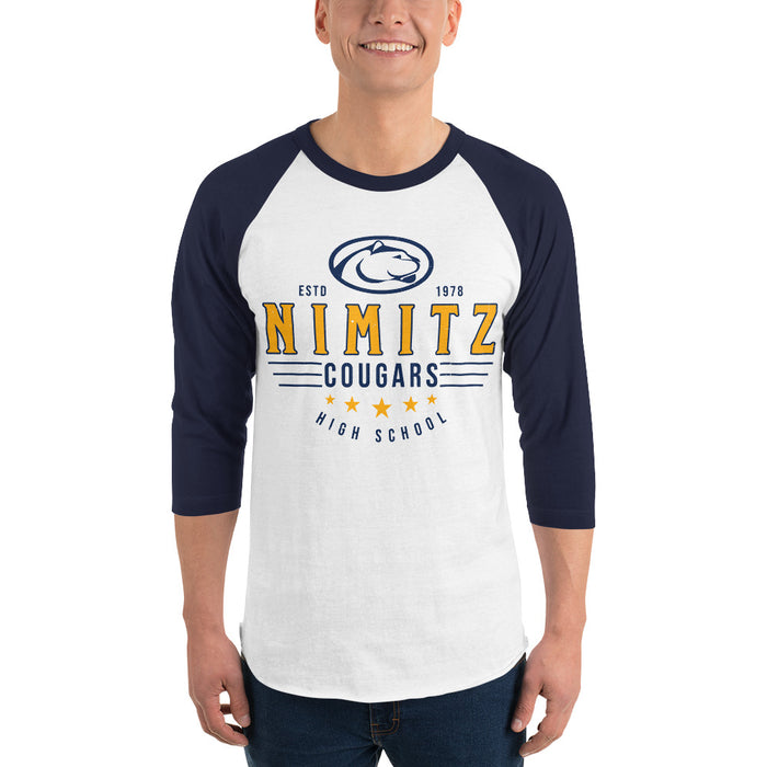 Man wearing Nimitz High School Cougars Unisex 3/4 Sleeve Raglan T-shirt 217