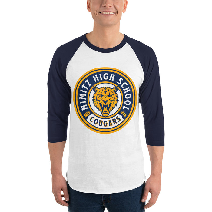 Man wearing Nimitz High School Cougars Unisex 3/4 Sleeve Raglan T-shirt 220