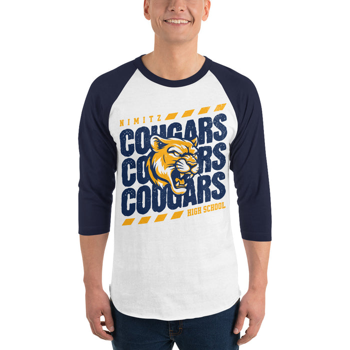 Man wearing Nimitz High School Cougars Unisex 3/4 Sleeve Raglan T-shirt 223