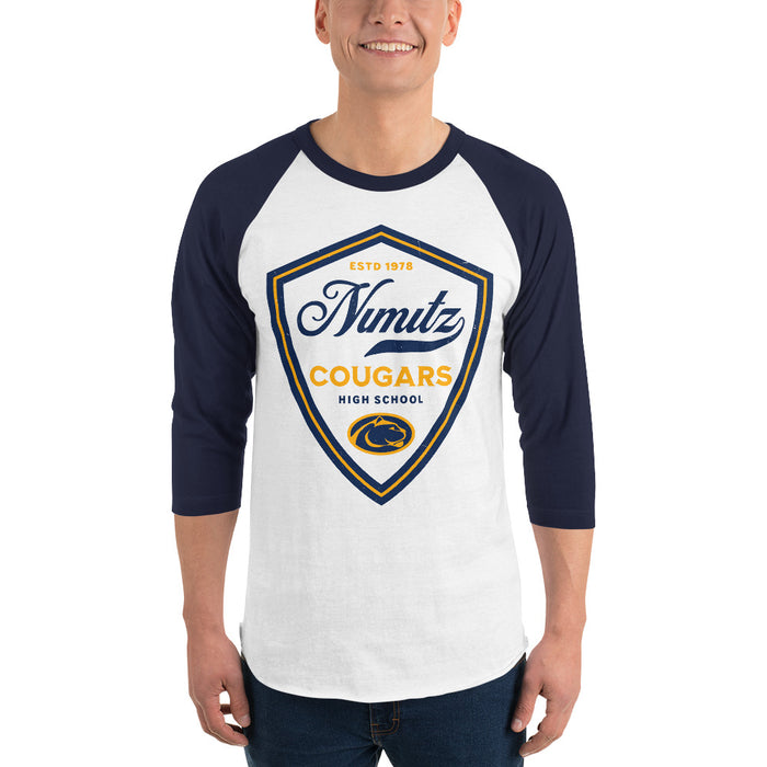 Man wearing Nimitz High School Cougars Unisex 3/4 Sleeve Raglan T-shirt 225