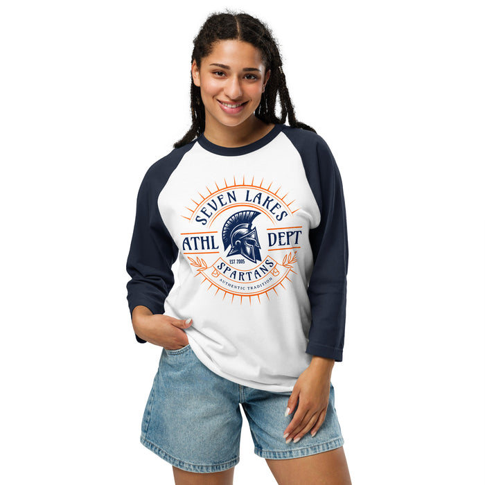 Student wearing Seven Lakes High School Spartans Unisex 3/4 sleeve Raglan T-shirt 201