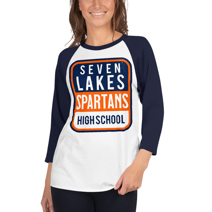 Woman wearing Seven Lakes High School Spartans Unisex 3/4 sleeve Raglan T-shirt 001