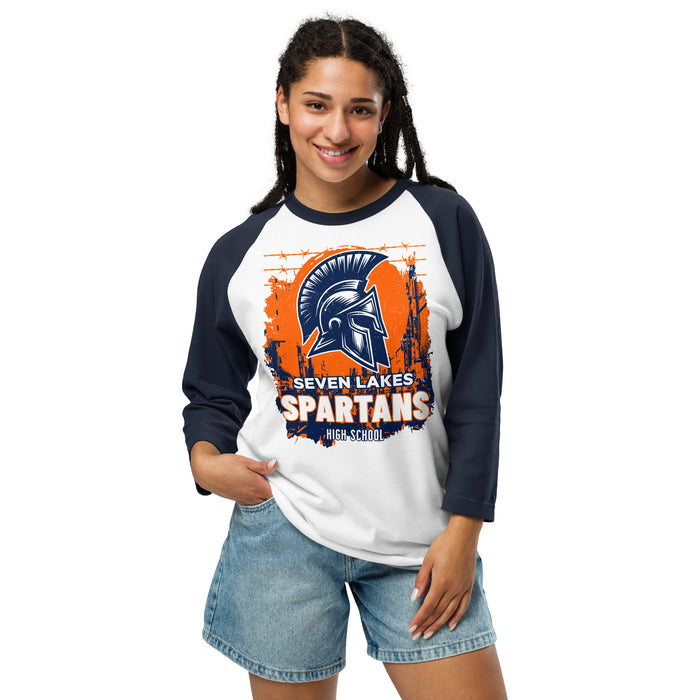 Student wearing Seven Lakes High School Spartans Unisex 3/4 sleeve Raglan T-shirt 202