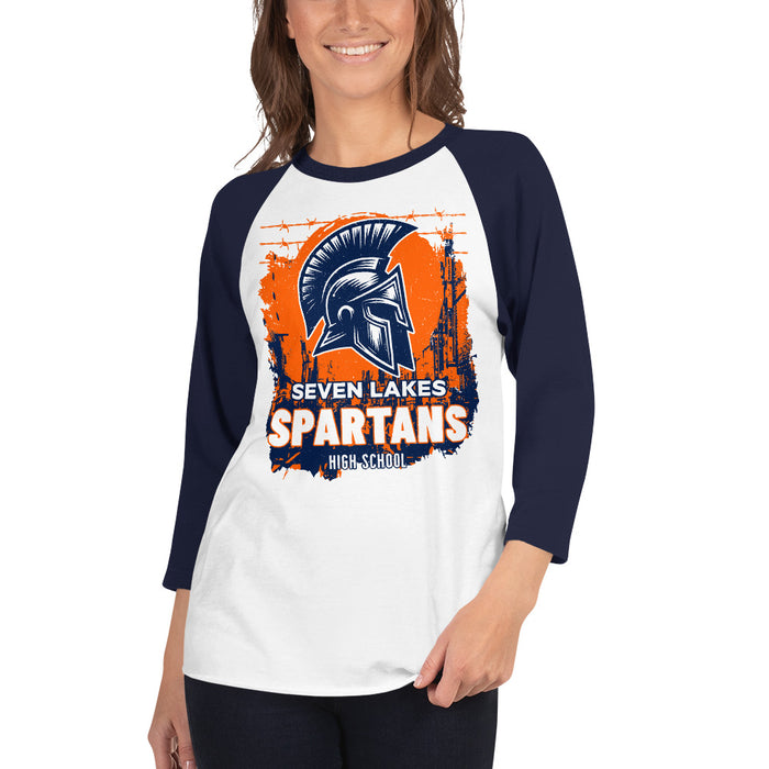 Woman wearing Seven Lakes High School Spartans Unisex 3/4 sleeve Raglan T-shirt 202