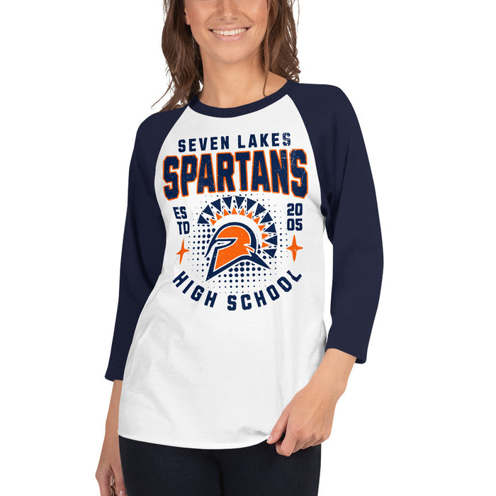 Woman wearing Seven Lakes High School Spartans Unisex 3/4 sleeve Raglan T-shirt 204