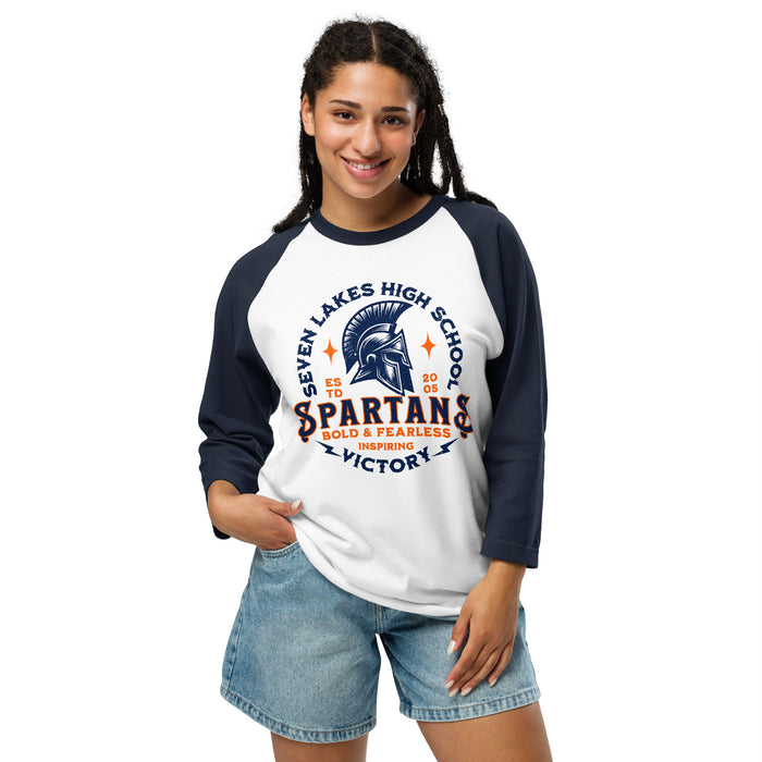 Student wearing Seven Lakes High School Spartans Unisex 3/4 sleeve Raglan T-shirt 206