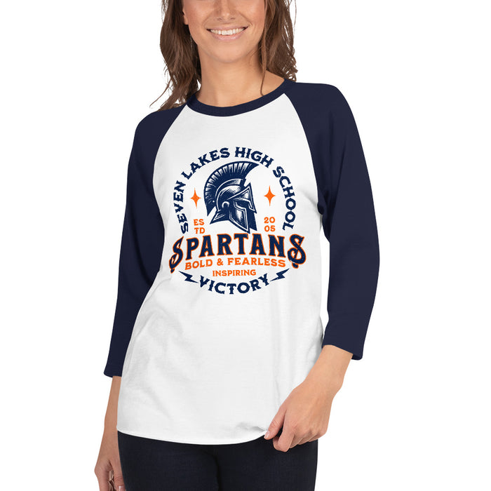 Woman wearing Seven Lakes High School Spartans Unisex 3/4 sleeve Raglan T-shirt 206