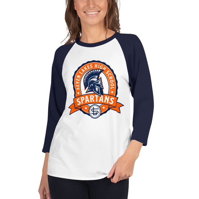 Woman wearing Seven Lakes High School Spartans Unisex 3/4 sleeve Raglan T-shirt 212