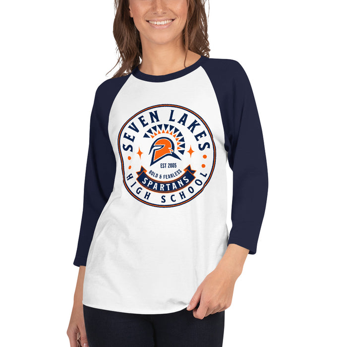 Woman wearing Seven Lakes High School Spartans Unisex 3/4 sleeve Raglan T-shirt 215