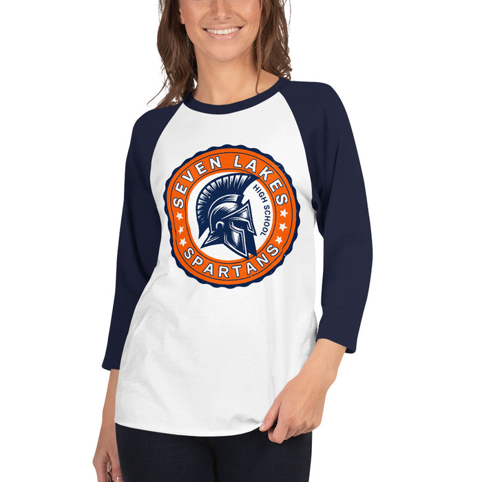 Woman wearing Seven Lakes High School Spartans Unisex 3/4 sleeve Raglan T-shirt 216