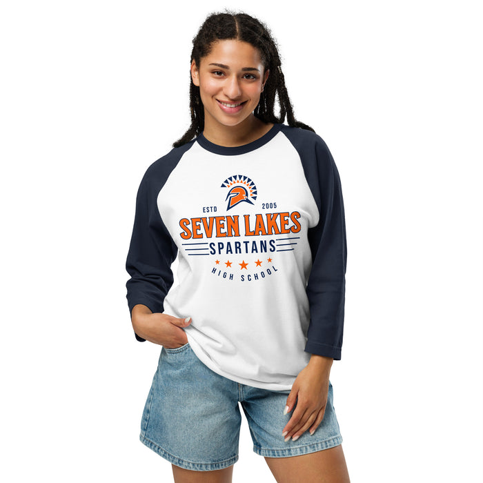 Student wearing Seven Lakes High School Spartans Unisex 3/4 sleeve Raglan T-shirt 217