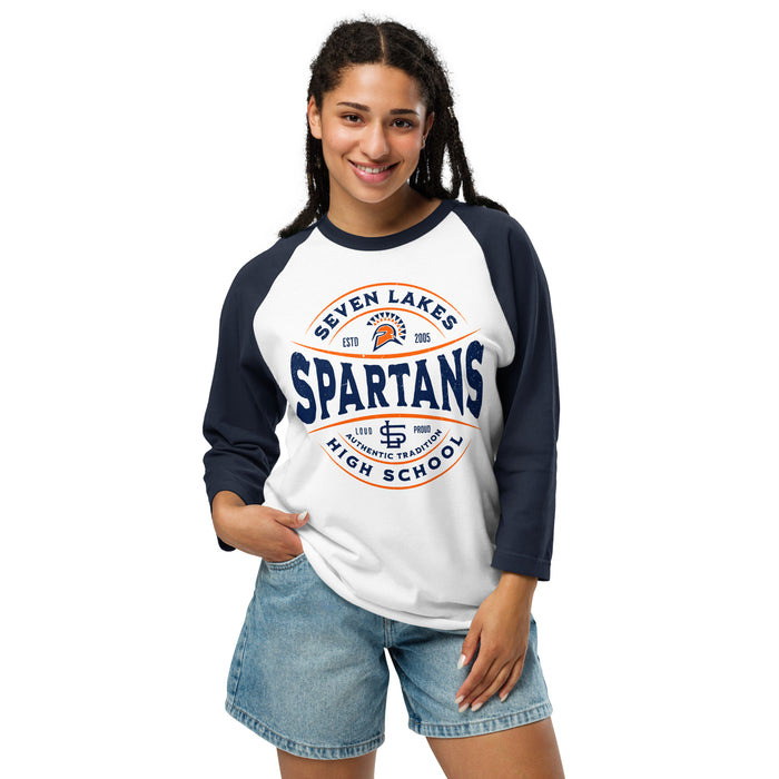 Student wearing Seven Lakes High School Spartans Unisex 3/4 sleeve Raglan T-shirt 218