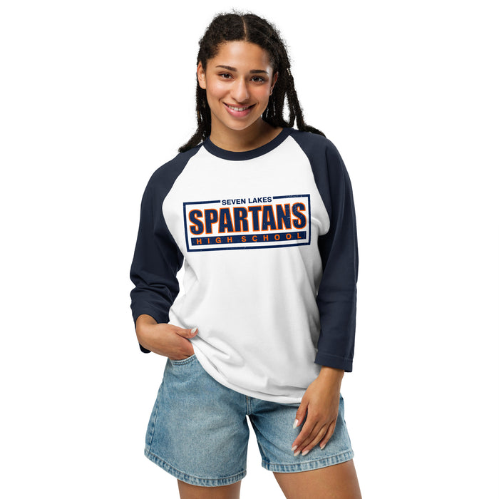 Student wearing Seven Lakes High School Spartans Unisex 3/4 sleeve Raglan T-shirt 049