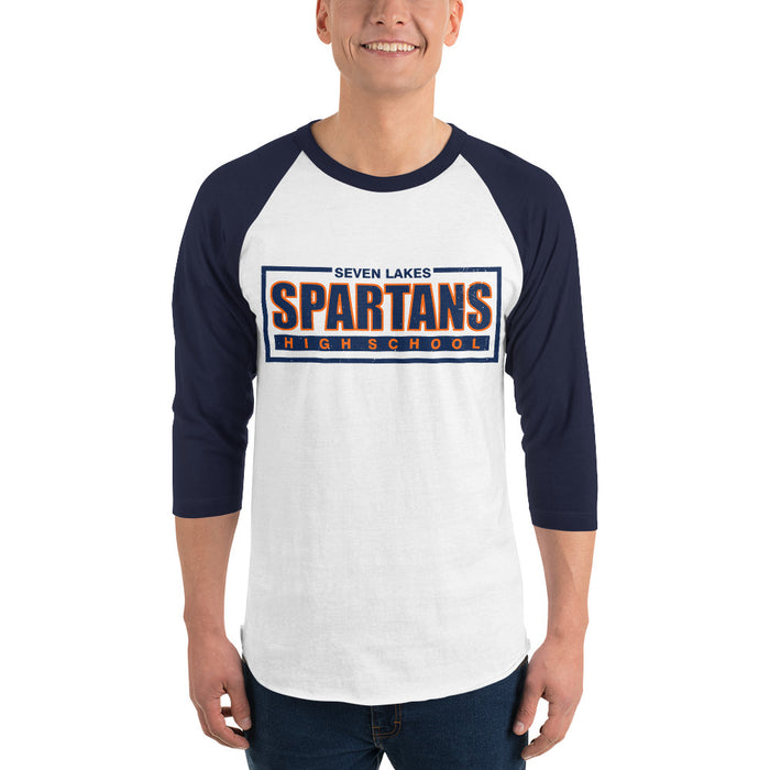 Man wearing Seven Lakes High School Spartans Unisex 3/4 sleeve Raglan T-shirt 049