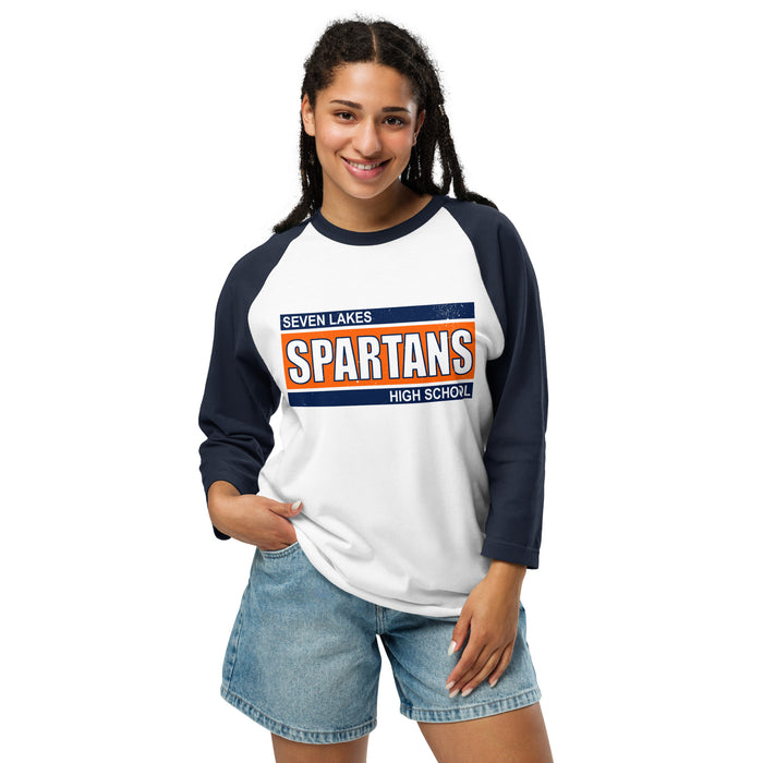 Student wearing Seven Lakes High School Spartans Unisex 3/4 sleeve Raglan T-shirt 098