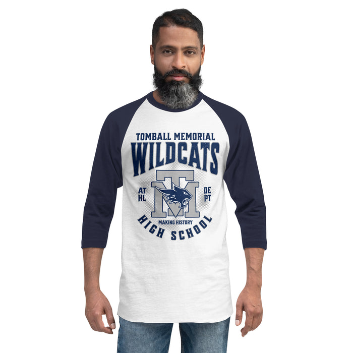 Man wearing Tomball Memorial High School Wildcats Unisex 3/4 sleeve Raglan T-shirt 213