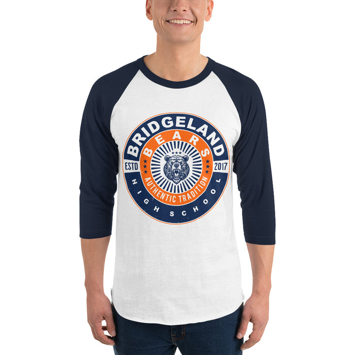 Man wearing Bridgeland High School Bears Unisex 3/4 sleeve Raglan T-shirt 030