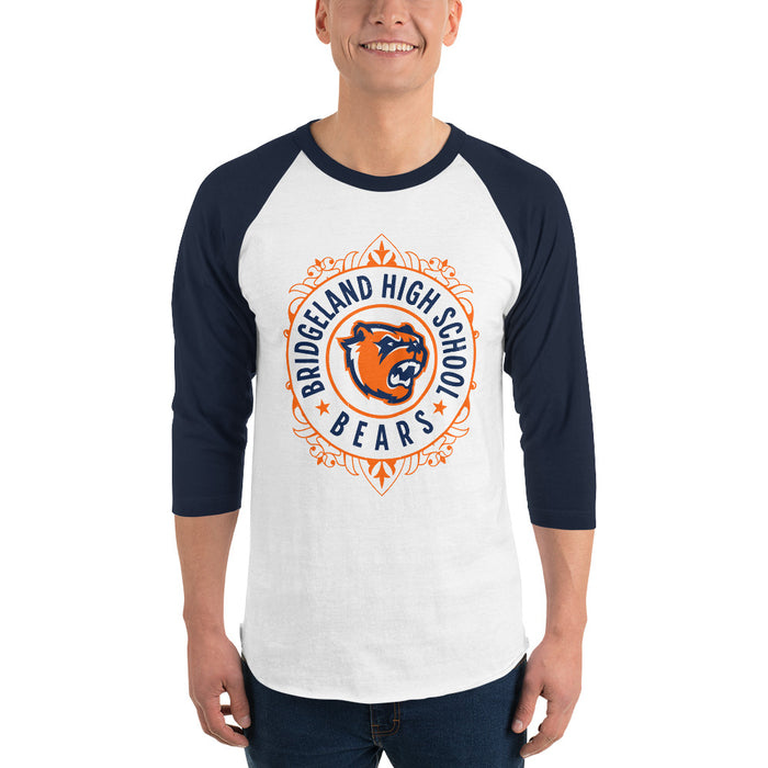 Man wearing Bridgeland High School Bears Unisex 3/4 sleeve Raglan T-shirt 227