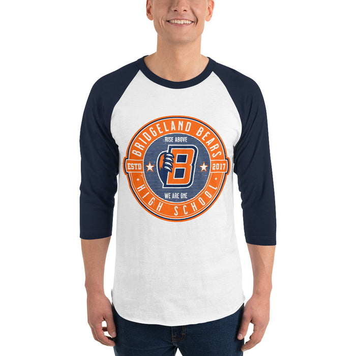 Man wearing Bridgeland High School Bears Unisex 3/4 sleeve Raglan T-shirt 224