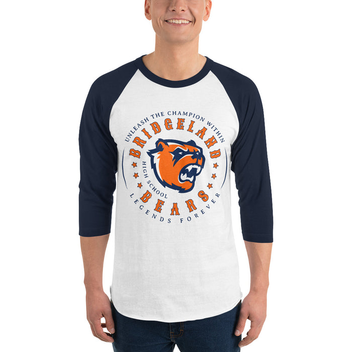 Man wearing Bridgeland High School Bears Unisex 3/4 sleeve Raglan T-shirt 214