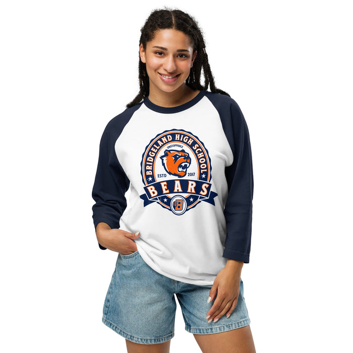 Woman wearing Bridgeland High School Bears Unisex 3/4 sleeve Raglan T-shirt 212
