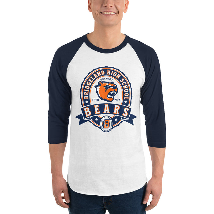 Man wearing Bridgeland High School Bears Unisex 3/4 sleeve Raglan T-shirt 212
