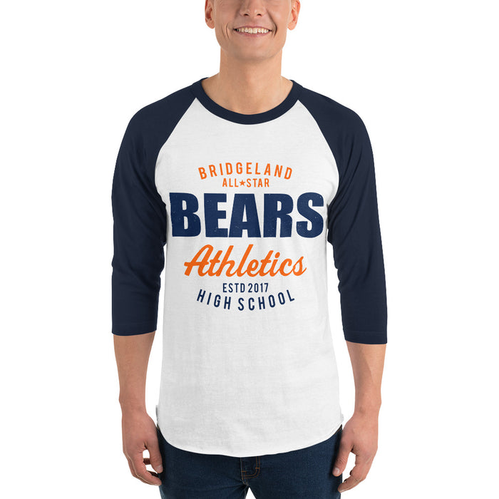 Man wearing Bridgeland High School Bears Unisex 3/4 sleeve Raglan T-shirt 034