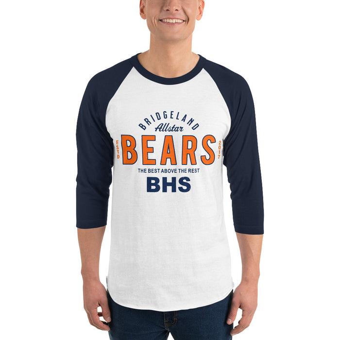 Man wearing Bridgeland High School Bears Unisex 3/4 sleeve Raglan T-shirt 040