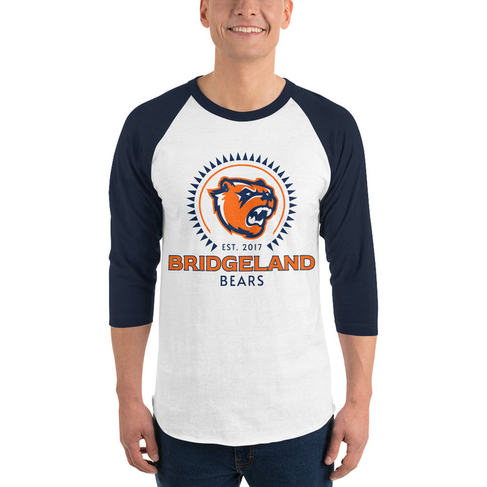 Man wearing Bridgeland High School Bears Unisex 3/4 sleeve Raglan T-shirt 226