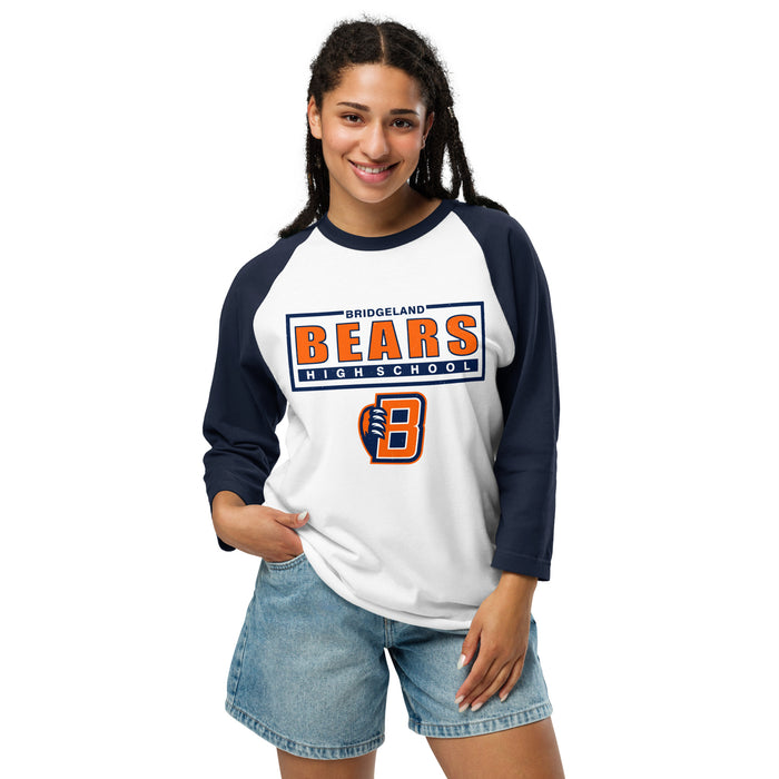 Woman wearing Bridgeland High School Bears Unisex 3/4 sleeve Raglan T-shirt 049