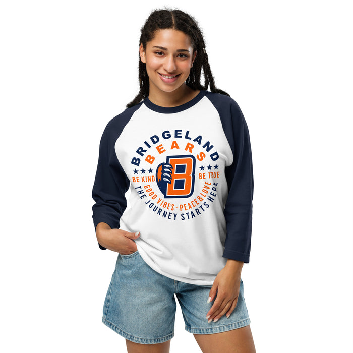 Woman wearing Bridgeland High School Bears Unisex 3/4 sleeve Raglan T-shirt 016