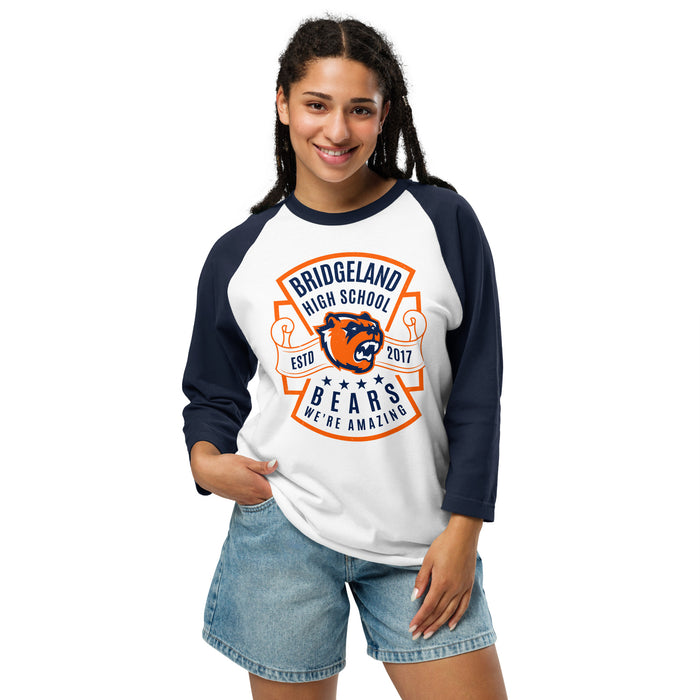 Woman wearing Bridgeland High School Bears Unisex 3/4 sleeve Raglan T-shirt 207