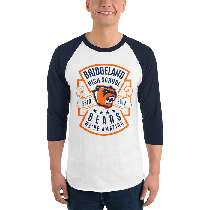 Man wearing Bridgeland High School Bears Unisex 3/4 sleeve Raglan T-shirt 207