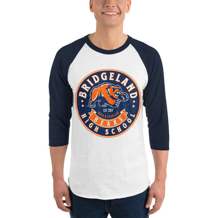 Man wearing Bridgeland High School Bears Unisex 3/4 sleeve Raglan T-shirt 215