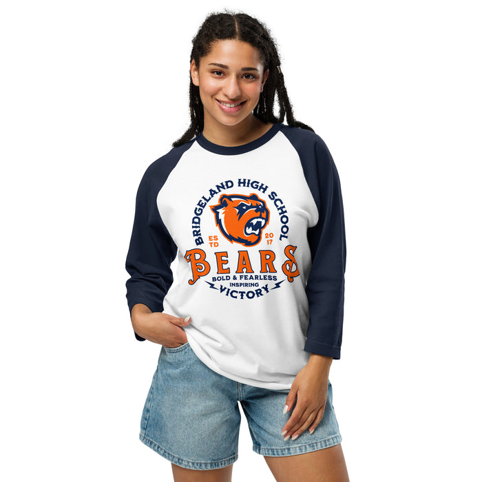 Woman wearing Bridgeland High School Bears Unisex 3/4 sleeve Raglan T-shirt 206