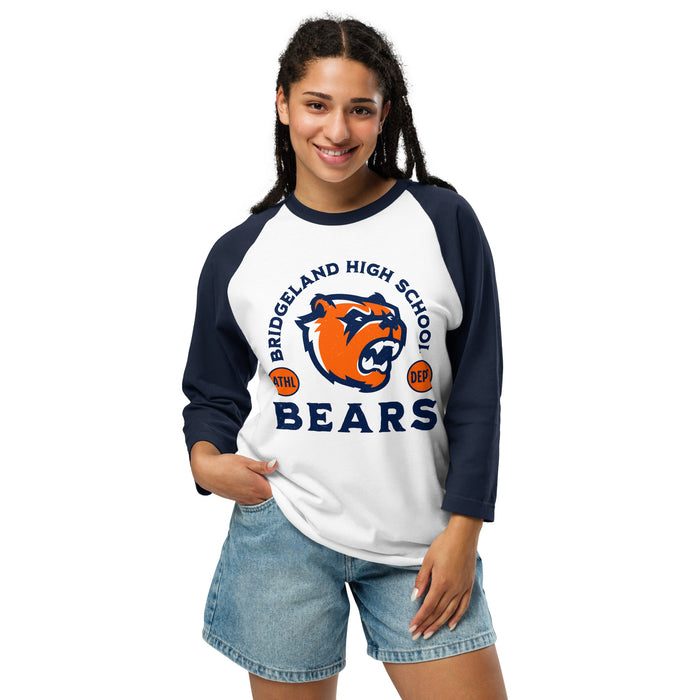 Woman wearing Bridgeland High School Bears Unisex 3/4 sleeve Raglan T-shirt 208