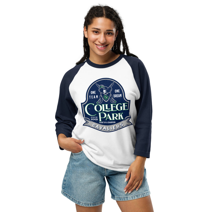 Woman wearing College Park High School Cavaliers Unisex 3/4 sleeve Raglan T-shirt 219