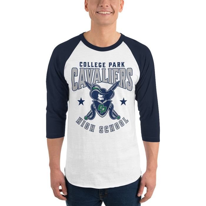 Man wearing College Park High School Cavaliers Unisex 3/4 sleeve Raglan T-shirt 213