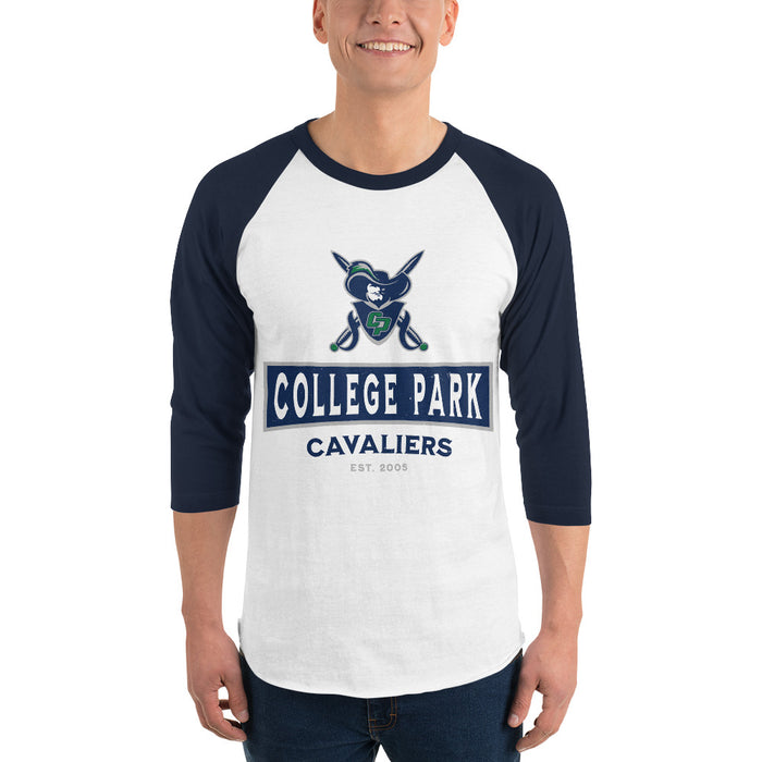 Man wearing College Park High School Cavaliers Unisex 3/4 sleeve Raglan T-shirt 202