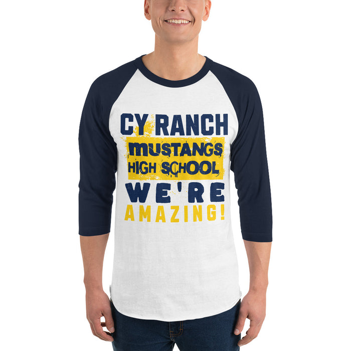 Man wearing Cypress Ranch High School Mustangs Unisex 3/4 sleeve Raglan T-shirt 231