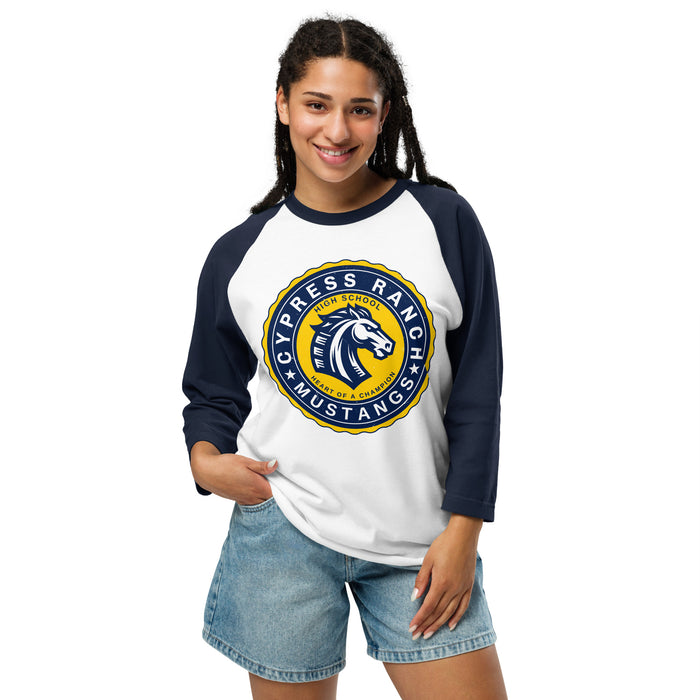 Woman wearing Cypress Ranch High School Mustangs Unisex 3/4 sleeve Raglan T-shirt 216